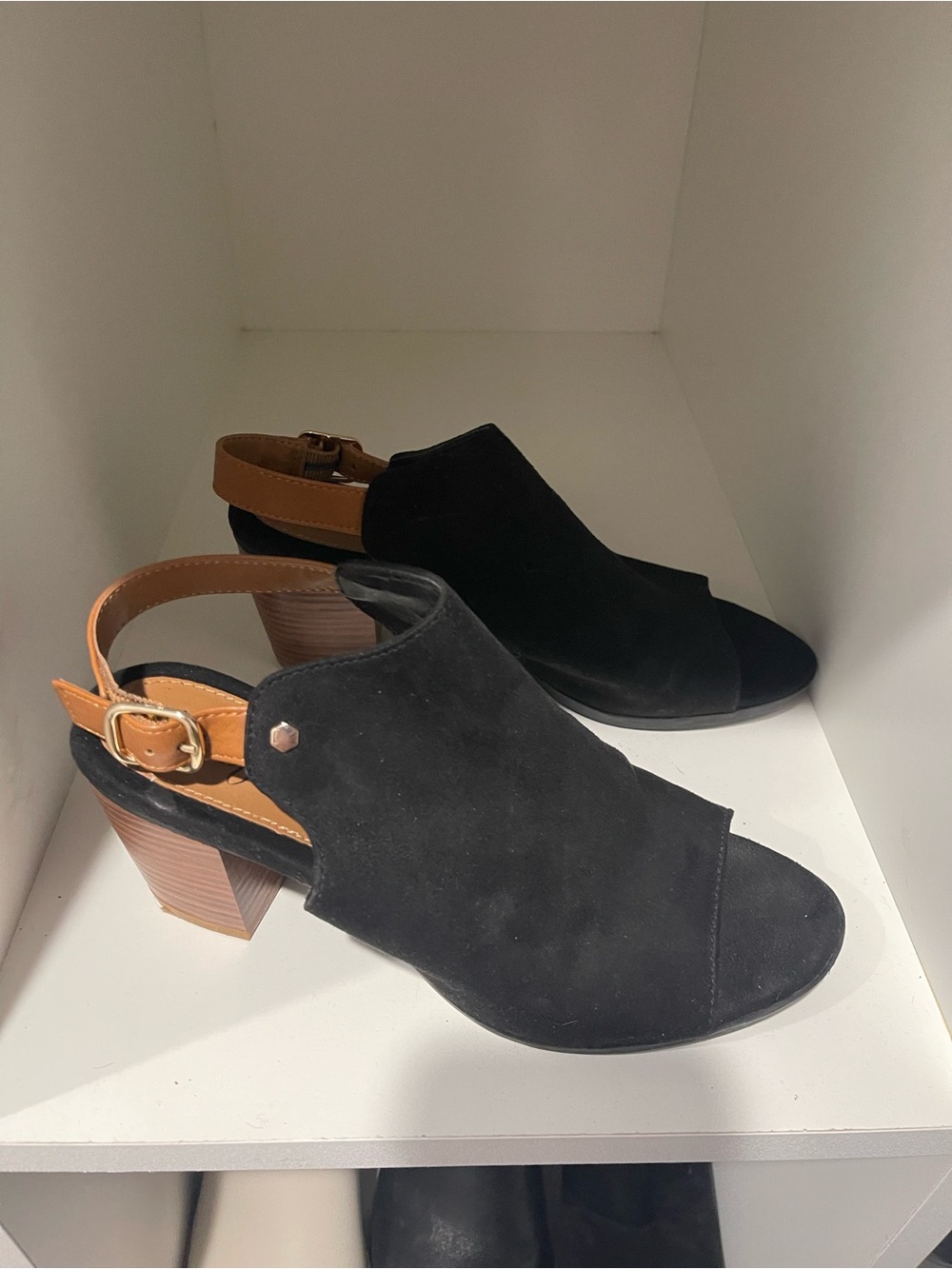 Black Suede Open-Toe Block Heel Sandals with Tan Slingback - Picture 3 of 6
